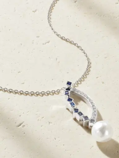 Mikimoto 18-karat White Gold Sapphire, Diamond And Pearl Necklace | Thumbnail 5