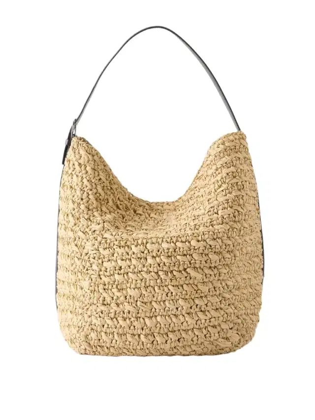 Leather-trimmed Raffia Shoulder Bag - Cream