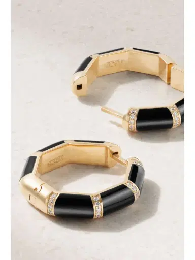 L’Atelier Nawbar Bamboo 18-karat Gold, Onyx And Diamond Hoop Earrings | Thumbnail 3