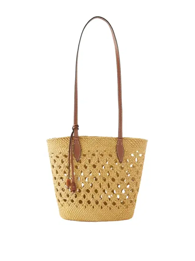 Lattice Basket Leather-trimmed Raffia Tote