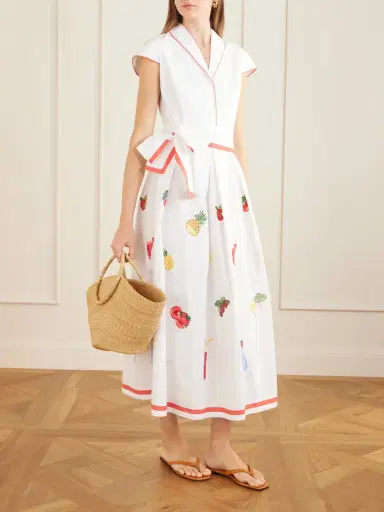Loretta Caponi Giardino Belted Embroidered Cotton-poplin Dress | Thumbnail 2