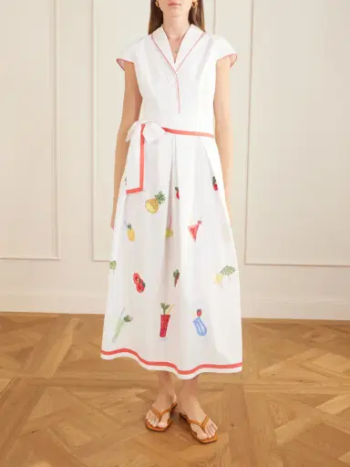 Loretta Caponi Giardino Belted Embroidered Cotton-poplin Dress | Thumbnail 3
