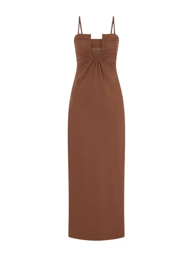 Arced Ruched Satin Maxi Dress