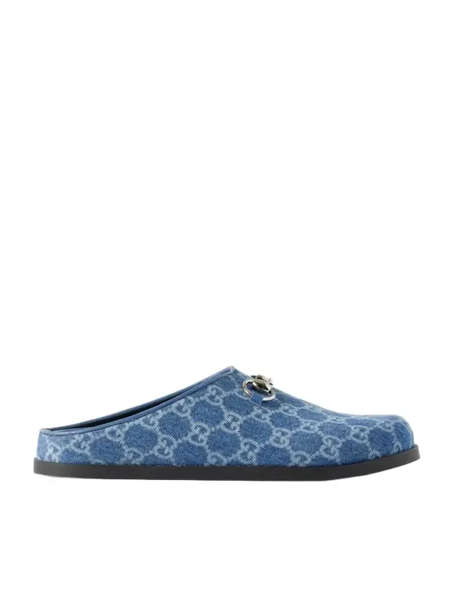 Horsebit-embellished Printed Denim Slip-ons