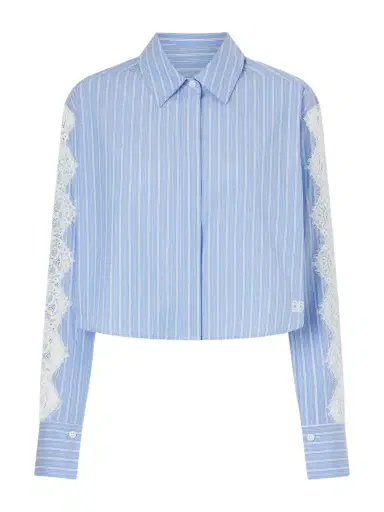 Simkhai Renata Cropped Lace-trimmed Striped Cotton-poplin Shirt | Thumbnail 1