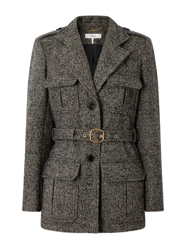 Belted Herringbone Wool-blend Jacket