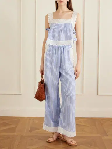Loretta Caponi Fiocchini Pleated Striped Broderie Anglaise-trimmed Linen Top | Thumbnail 2