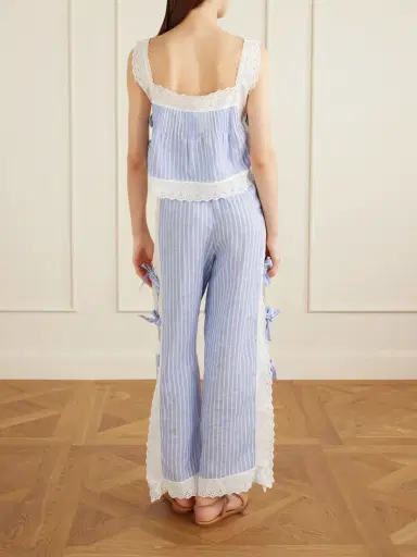 Loretta Caponi Fiocchini Pleated Striped Broderie Anglaise-trimmed Linen Top | Thumbnail 3