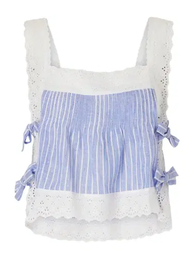 Loretta Caponi Fiocchini Pleated Striped Broderie Anglaise-trimmed Linen Top | Thumbnail 1