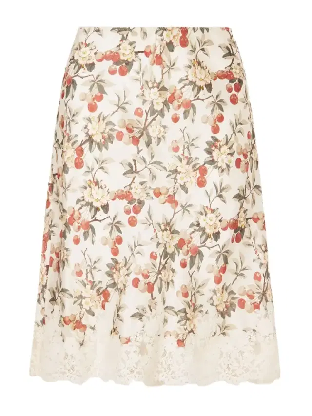 Elowette Lace-trimmed Floral-print Silk-satin Midi Skirt