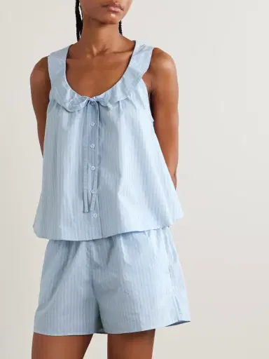 Deiji Studios Round Collar Tie-detailed Striped Organic Cotton Shirt And Shorts Set | Thumbnail 2