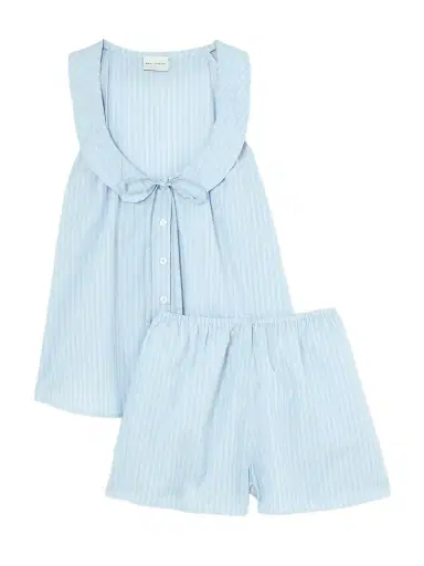 Deiji Studios Round Collar Tie-detailed Striped Organic Cotton Shirt And Shorts Set | Thumbnail 1
