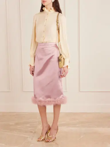 Valentino Garavani Feather-trimmed Satin Midi Skirt | Thumbnail 2 Valentino Garavani Feather-trimmed Satin Midi Skirt | Thumbnail 2