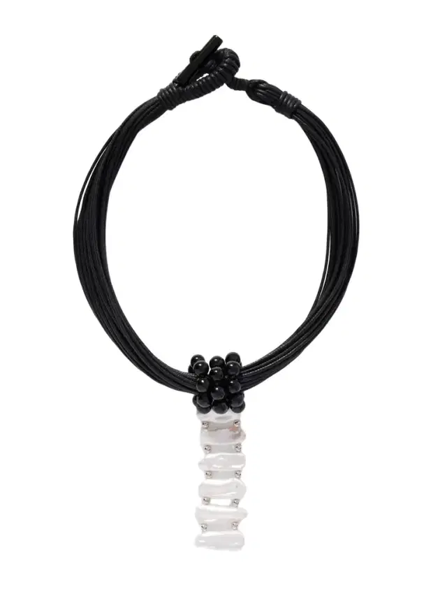 Cord, Onyx, Pearl And Silver Necklace