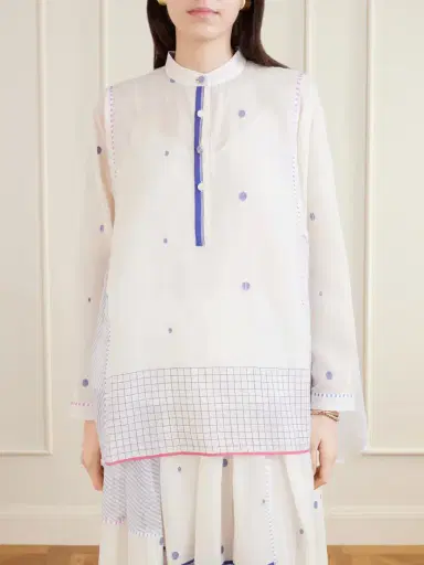 Eka Cosmos Handwoven Cotton-jamdani Blouse Patched With Printed Stripes | Thumbnail 3 Eka Cosmos Handwoven Cotton-jamdani Blouse Patched With Printed Stripes | Thumbnail 3