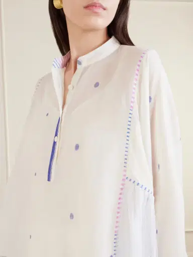 Eka Cosmos Handwoven Cotton-jamdani Blouse Patched With Printed Stripes | Thumbnail 5 Eka Cosmos Handwoven Cotton-jamdani Blouse Patched With Printed Stripes | Thumbnail 5