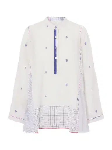 Eka Cosmos Handwoven Cotton-jamdani Blouse Patched With Printed Stripes | Thumbnail 1 Eka Cosmos Handwoven Cotton-jamdani Blouse Patched With Printed Stripes | Thumbnail 1