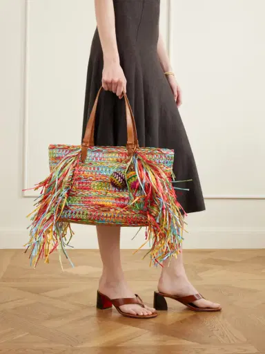 Aquazzura Trancoso Fringed Embellished Leather-trimmed Woven Raffia Tote | Thumbnail 3