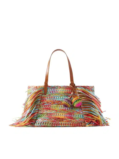 Aquazzura Trancoso Fringed Embellished Leather-trimmed Woven Raffia Tote | Thumbnail 1