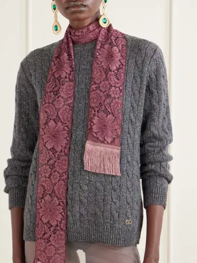 Valentino Garavani Embroidered Fringed Silk Crocheted Scarf | Thumbnail 3 Valentino Garavani Embroidered Fringed Silk Crocheted Scarf | Thumbnail 3