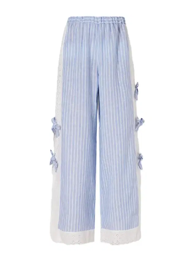 Clarissa Bow-embellished Striped Broderie Anglaise-trimmed Linen Straight-leg Pants