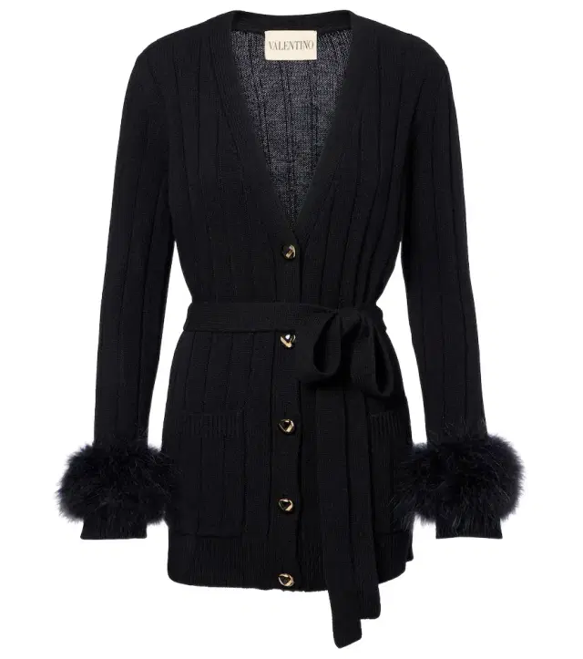 Valentino Feather-trimmed virgin wool cardigan