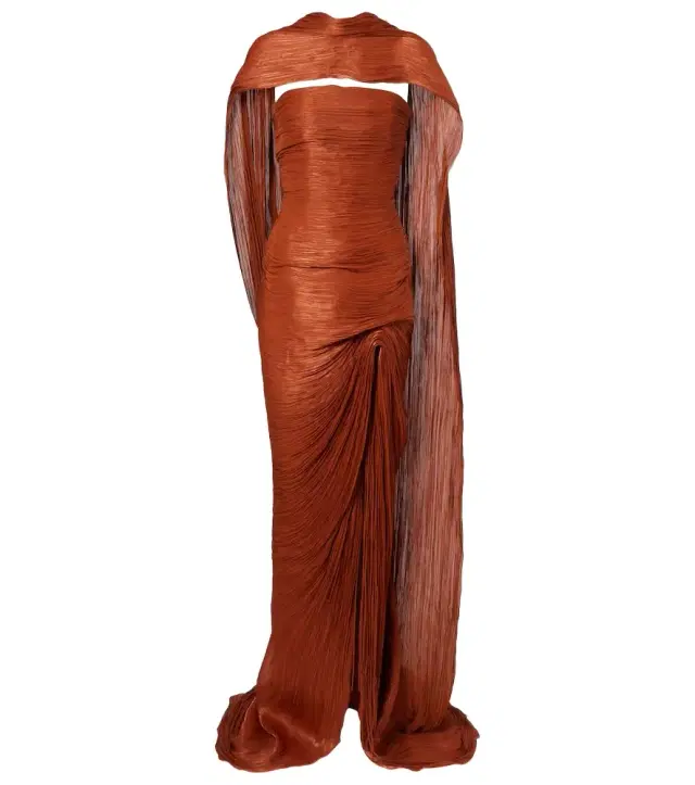 Draped pleated scarf-detail bustier gown