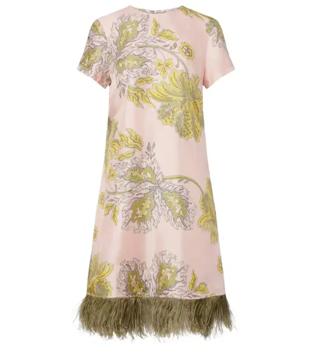 Swing feather-trimmed floral silk twill minidress