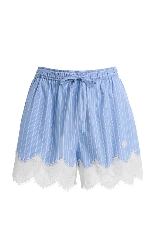 SIMKHAI Emmie Lace-Trimmed Striped Cotton Shorts