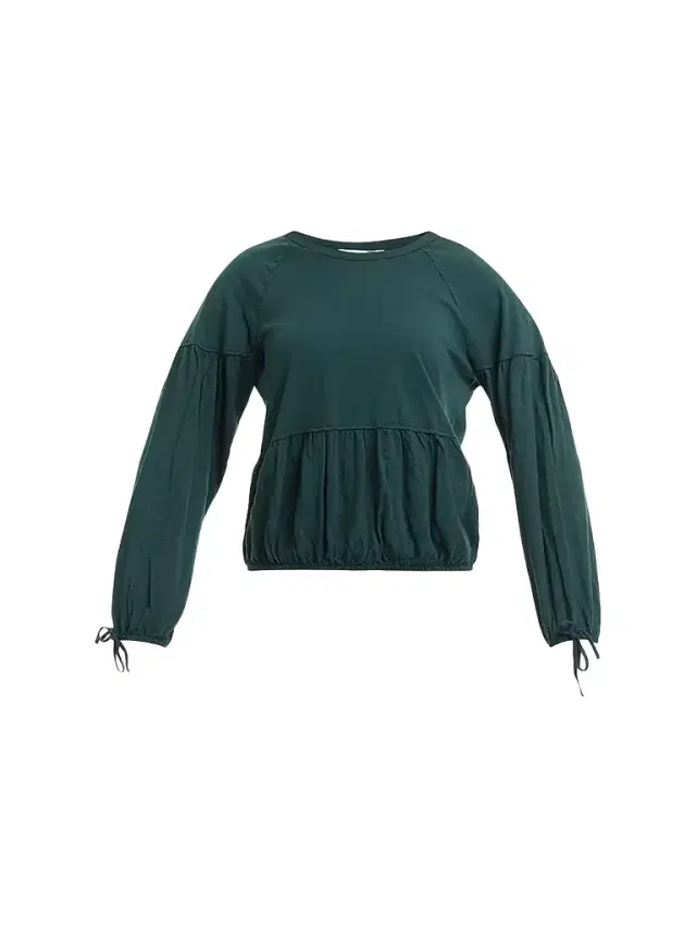 Women's Shirred Elastic Hem T-Shirt - Dark Green