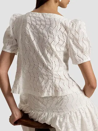 Polo Ralph Lauren Women's Cotton Eyelet Puff-Sleeve Top | Thumbnail 3 Polo Ralph Lauren Women's Cotton Eyelet Puff-Sleeve Top | Thumbnail 3