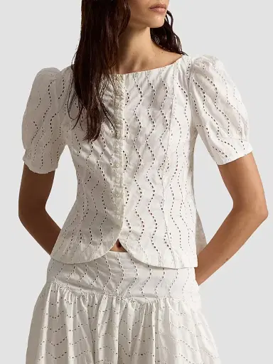 Polo Ralph Lauren Women's Cotton Eyelet Puff-Sleeve Top | Thumbnail 4 Polo Ralph Lauren Women's Cotton Eyelet Puff-Sleeve Top | Thumbnail 4