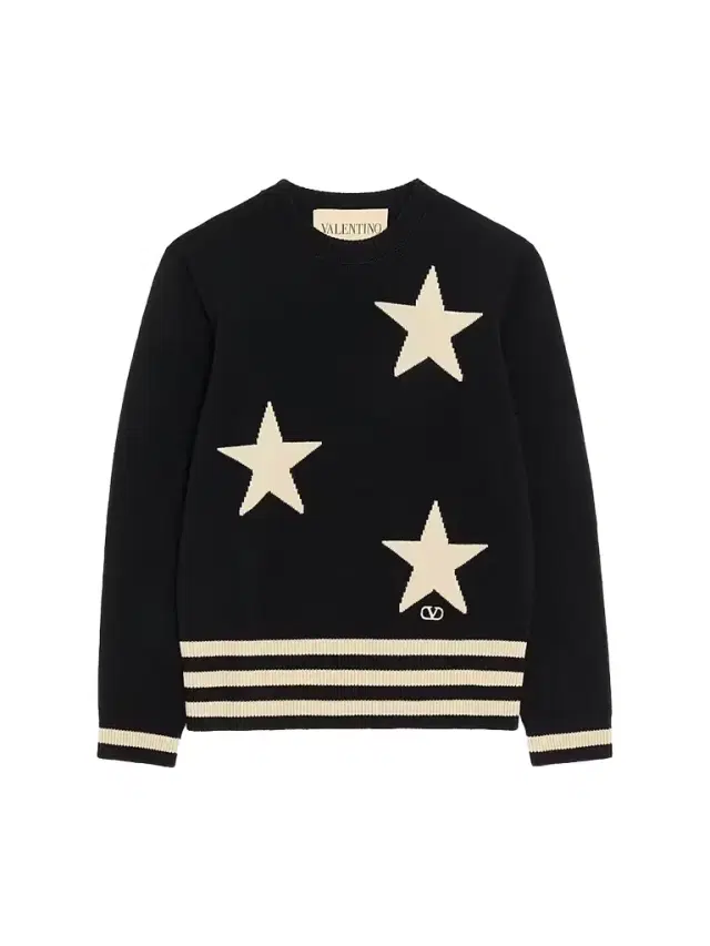 Valentino Garavani Men's Wool Crewneck Sweater with Star Motif - Black Butter