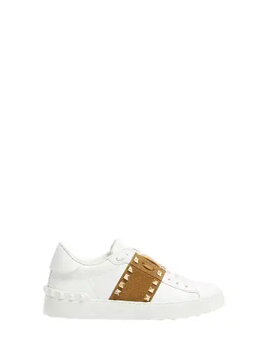 Valentino Garavani Women's Rockstud Untitled Sneakers in Calfskin with Suede Band - White Havana Beige - Size 10.5 | Thumbnail 1 Valentino Garavani Women's Rockstud Untitled Sneakers in Calfskin with Suede Band - White Havana Beige - Size 10.5 | Thumbnail 1