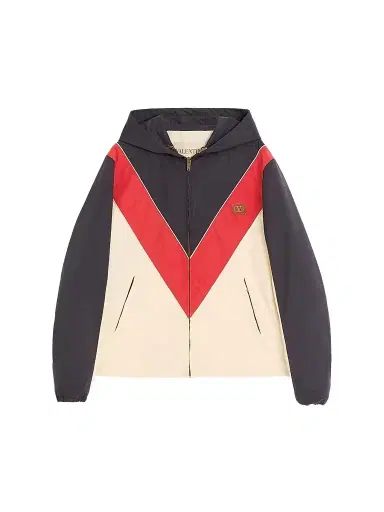 Valentino Garavani Men's Nylon Hooded Windbreaker with VLogo Patch - Navy Red Blue | Thumbnail 1