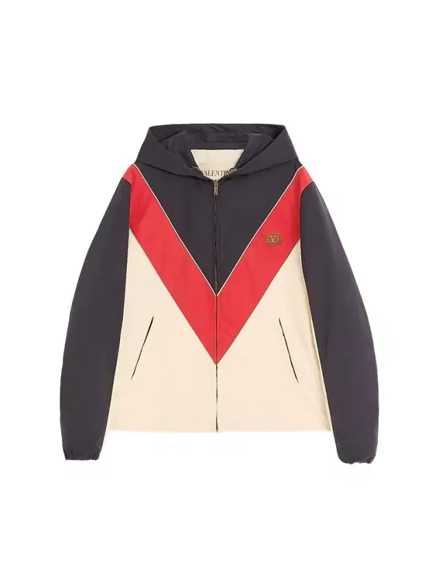Valentino Garavani Men's Nylon Hooded Windbreaker with VLogo Patch - Navy Red Blue