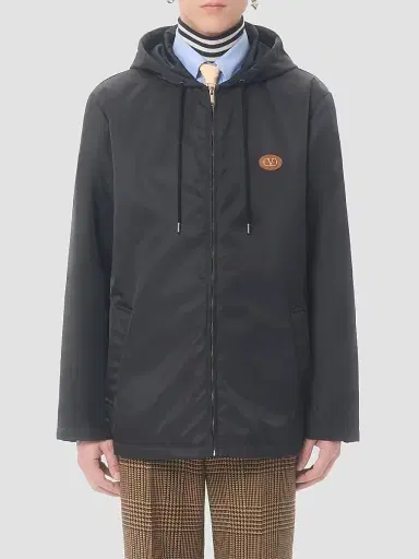 Valentino Garavani Men's Nylon Hooded Windbreaker Jacket with VLogo Patch - Black | Thumbnail 3