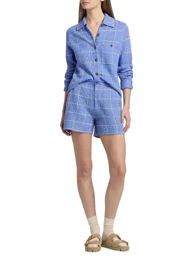 Guest in Residence Women's Windowpane Check Cashmere-Linen Shorts - Delft Blue Butter | Thumbnail 2 Guest in Residence Women's Windowpane Check Cashmere-Linen Shorts - Delft Blue Butter | Thumbnail 2