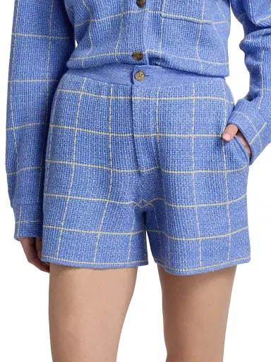 Guest in Residence Women's Windowpane Check Cashmere-Linen Shorts - Delft Blue Butter | Thumbnail 6 Guest in Residence Women's Windowpane Check Cashmere-Linen Shorts - Delft Blue Butter | Thumbnail 6