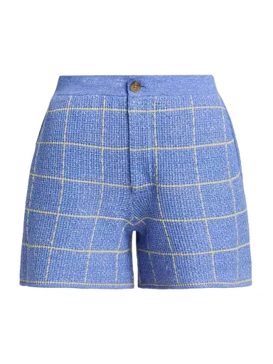 Guest in Residence Women's Windowpane Check Cashmere-Linen Shorts - Delft Blue Butter | Thumbnail 1 Guest in Residence Women's Windowpane Check Cashmere-Linen Shorts - Delft Blue Butter | Thumbnail 1