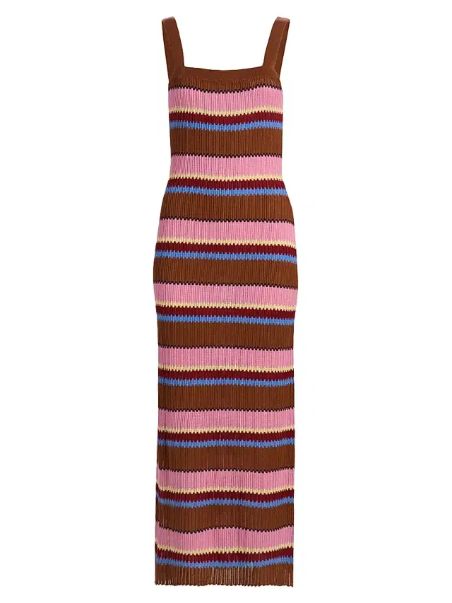 Women's Palazzo Striped Silk-Linen Midi Dress - Burnt Sienna Combo