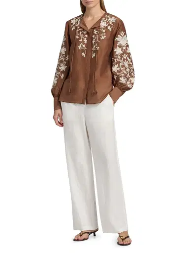Kobi Halperin Women's Franki Floral-Embroidered Taffeta Blouse - Cacao - Size XL | Thumbnail 2