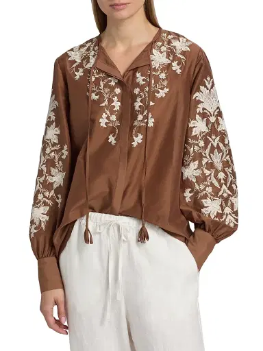 Kobi Halperin Women's Franki Floral-Embroidered Taffeta Blouse - Cacao - Size XL | Thumbnail 3