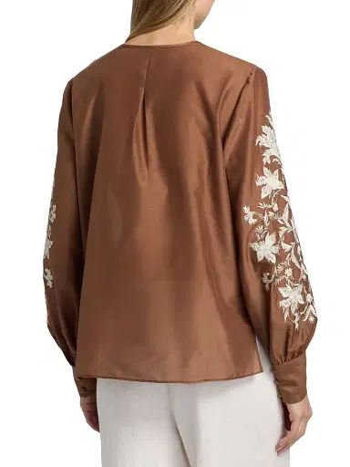 Kobi Halperin Women's Franki Floral-Embroidered Taffeta Blouse - Cacao - Size XL | Thumbnail 5