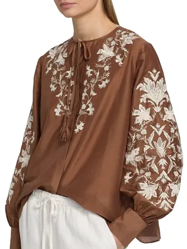 Kobi Halperin Women's Franki Floral-Embroidered Taffeta Blouse - Cacao - Size XL | Thumbnail 6