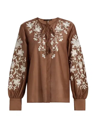 Kobi Halperin Women's Franki Floral-Embroidered Taffeta Blouse - Cacao - Size XL | Thumbnail 1