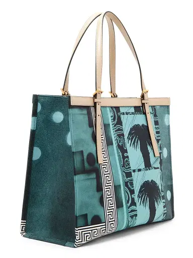 Versace Women's Large Palm-Print Medusa Logo Tote Bag - Light Teal Dove Grey Gold | Thumbnail 4 Versace Women's Large Palm-Print Medusa Logo Tote Bag - Light Teal Dove Grey Gold | Thumbnail 4