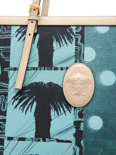 Versace Women's Large Palm-Print Medusa Logo Tote Bag - Light Teal Dove Grey Gold | Thumbnail 5 Versace Women's Large Palm-Print Medusa Logo Tote Bag - Light Teal Dove Grey Gold | Thumbnail 5