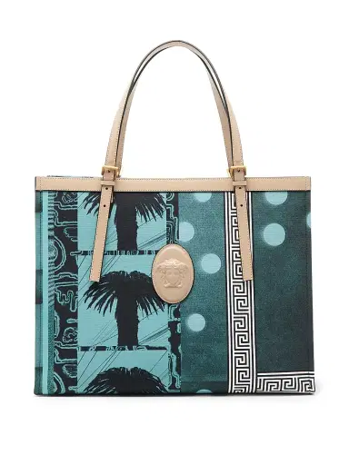 Versace Women's Large Palm-Print Medusa Logo Tote Bag - Light Teal Dove Grey Gold | Thumbnail 1 Versace Women's Large Palm-Print Medusa Logo Tote Bag - Light Teal Dove Grey Gold | Thumbnail 1