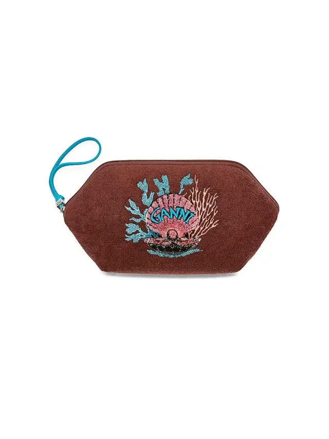 Ganni Women's Bikini Towel Graphic Cotton-Blend Pouch - Chicory Coffee